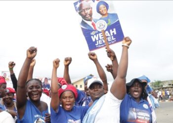 CDC supporters campaign in Lofa County during Liberia's 2023 presidential election as voters prepare to cast ballots.