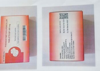 Packaging of recalled Phenoxymethylpenicillin Tablets BP 500mg identified by Liberia's medicines regulator as subject to an urgent safety recall.