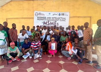 Participants pose for a group photo during the launch of the Business and Intellectual Property Management Clinic for MSMEs in Voinjama, Lofa County.