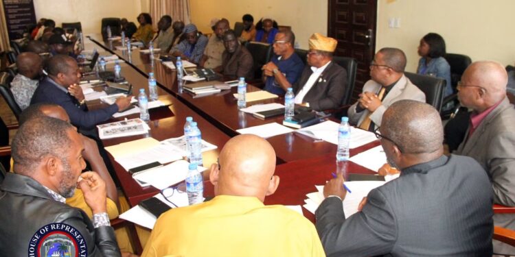 Members of Liberia's House of Representatives and government officials participate in a public hearing on proposed amendments to the Minerals and Mining Law at the Capitol.