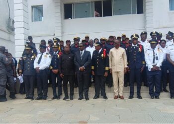 Lofa County Senator Momo T. Cyrus addresses graduates of the Liberia National Police Academy during the Fire Service and LPRC graduation ceremony.