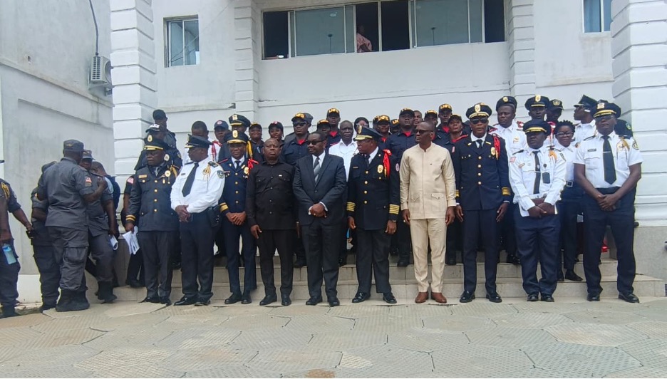 Lofa County Senator Momo T. Cyrus addresses graduates of the Liberia National Police Academy during the Fire Service and LPRC graduation ceremony.