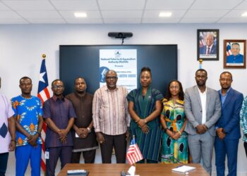 Officials and journalists attend the launch of NaFAA's first Open Media House in Monrovia to strengthen transparency and fisheries reporting.