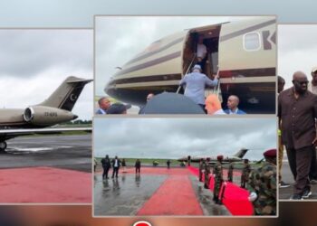 President Joseph Boakai boarding a Karpowership-branded aircraft for his official visit to Türkiye.