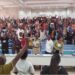 Faculty and staff gather during the University of Liberia General Assembly that voted to shut down campuses and pass a vote of no confidence.