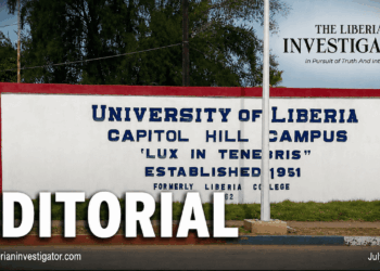 The University of Liberia campus amid an editorial on the institution's shutdown and governance crisis.