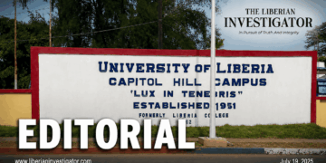 The University of Liberia campus amid an editorial on the institution's shutdown and governance crisis.