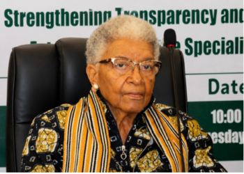 Former President Ellen Johnson Sirleaf delivers the keynote address at Liberia's National Anti-Corruption Policy Dialogue in Monrovia.