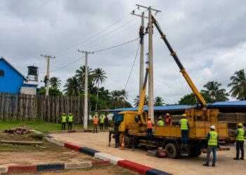 New electricity infrastructure and streetlights installed under the EU-funded Light Up South-East Liberia Project in Buchanan.