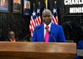 EPA Executive Director Emmanuel K. Urey Yarkpawolo announces the headquarters purchase and new laboratory equipment during a press briefing.