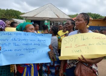 Women protest the closure of Phebe Hospital in Suakoko, Bong County, demanding the immediate restoration of healthcare services.