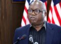 LMHRA Managing Director Dr. L. Luke Bawa speaks during a press briefing on Liberia's five-year medicine regulation reform strategy.