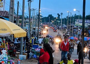 Streetlights illuminate Buchanan after electricity returned to the city following 34 years without power.
