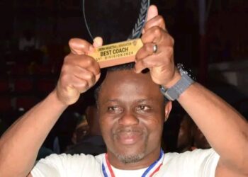 NPA Pythons coach Raphael Quaye after winning the 2026 Liberia Basketball Association First Division championship