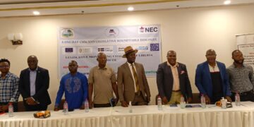Civil society representatives present the Legislative Monitoring Coalition of Liberia's second-quarter report in Monrovia.