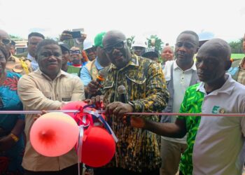 Officials and border personnel attend the opening of the temporary ECOWAS joint border post at Bo Waterside, Liberia