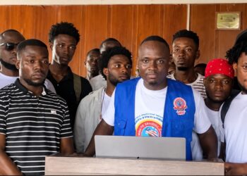 Leaders of the Alternative National Youth Congress present the July State of the Youth Report in Monrovia.
