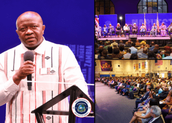 Finance Minister Augustine Kpehe Ngafuan speaks at a diaspora town hall in Maryland