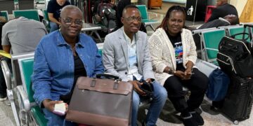 LNBA President F. Juah Lawson with Elisha Forkeyoh and Gedu Johnson Savice before departing for Cape Verde