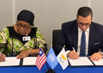 Foreign Ministers Sara Beysolow Nyanti and Constantinos Kombos sign a Liberia-Cyprus consultations agreement in New York