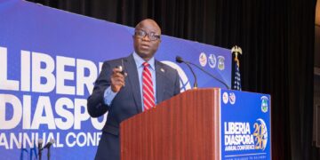 Agriculture Minister J. Alexander Nuetah addresses the Liberia Diaspora Annual Conference in Alexandria, Virginia