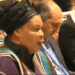 Nobel Peace laureate Leymah Gbowee speaks as President Joseph Boakai listens at a U.N. event in New York
