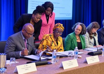 Gender Minister Gbeme Horace Kollie and Cybastion CEO Thierry Wandji Ketchiozo sign the technology hubs agreement in New York