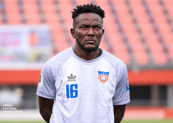 Liberia goalkeeper Tommy Songo in his national team kit