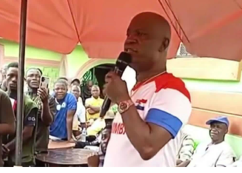 Nimba County Sen. Samuel Kogar speaking in Ganta