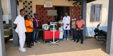 Partners In Health Liberia presenting medical equipment to JJ Dossen Hospital