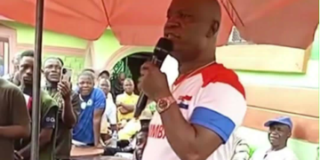 Nimba County Sen. Samuel Kogar speaking in Ganta