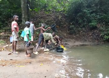 Gbarney residents near a community water source in Bong County