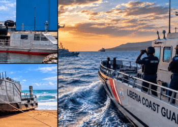 Crewless boat in Liberia Coast Guard custody at Mesurado Pier in Monrovia