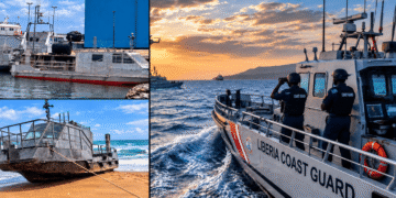Crewless boat in Liberia Coast Guard custody at Mesurado Pier in Monrovia