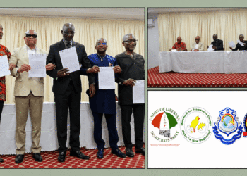 George Weah, Alexander Cummings and other opposition leaders attend a pact-signing ceremony in Monrovia