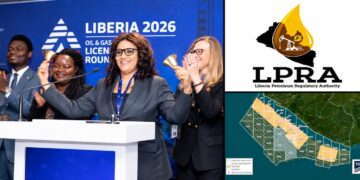 A collage showing officials celebrating Liberia’s 2026 Oil and Gas Licensing Round, alongside the Liberia Petroleum Regulatory Authority (LPRA) logo and a map of Liberia’s offshore oil exploration blocks.