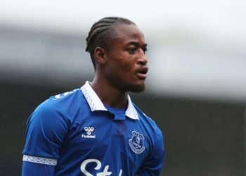 Everton forward Martin Sherif wearing the club’s football kit.