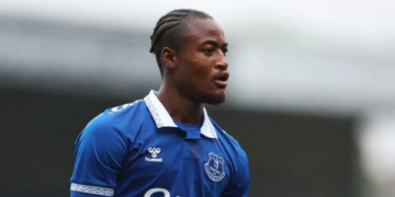 Everton forward Martin Sherif wearing the club’s football kit.