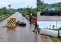 A damaged green sedan lying across the roadway at Janapita Bridge in Bong County.