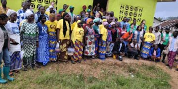 Participants at an LWEP community gathering in Gbojay, Bomi County.