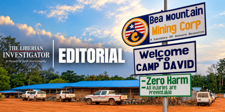 Bea Mountain mining operations with The Liberian Investigator logo and an “EDITORIAL” label.