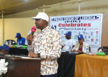 LRA Acting Communications Manager Jerry Laynumah Siakor speaking at PUL’s 62nd anniversary celebration in Monrovia.