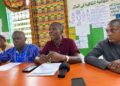MCSS Teachers Association President Augustine N. Nyormui speaking at a news conference in Monrovia.