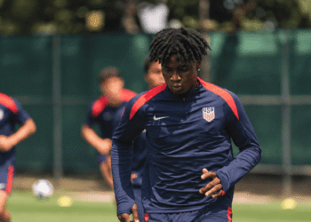 Liberian-born midfielder Brooklyn Raines wearing U.S. national team training gear.