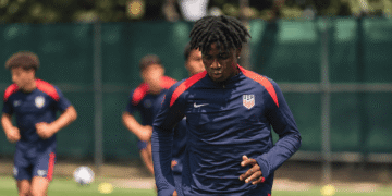 Liberian-born midfielder Brooklyn Raines wearing U.S. national team training gear.