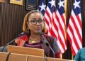 NHA Managing Director Florence K. Geegbae speaking at a Ministry of Information press briefing.
