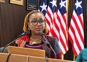 NHA Managing Director Florence K. Geegbae speaking at a Ministry of Information press briefing.