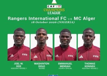 Liberian match officials Washington Dolo, Joel Doe, Thomas Konneh and Emmanuel Mensah.