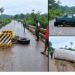 A damaged green sedan lying across the roadway at Janapita Bridge in Bong County.