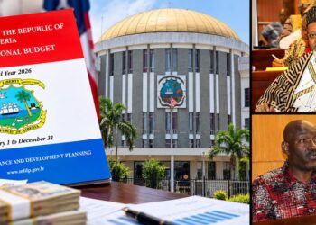 Collage of Sens. James Biney and Abraham Darius Dillon, Liberia’s Capitol and a national budget document.